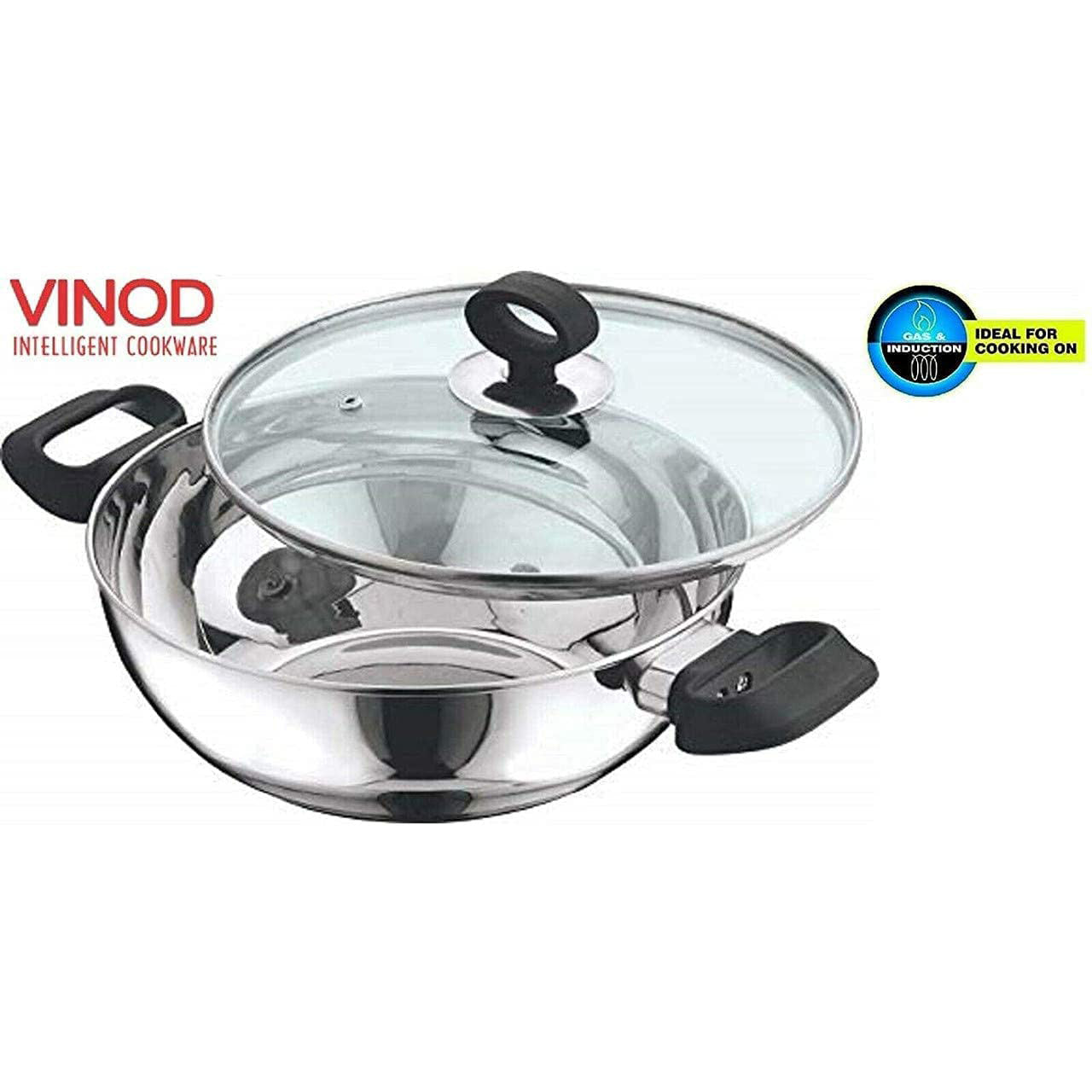 Stainless Steel Wok / Kadai With Glass Lid - Induction Base - DELUXE - 18 cm / 1.2 L